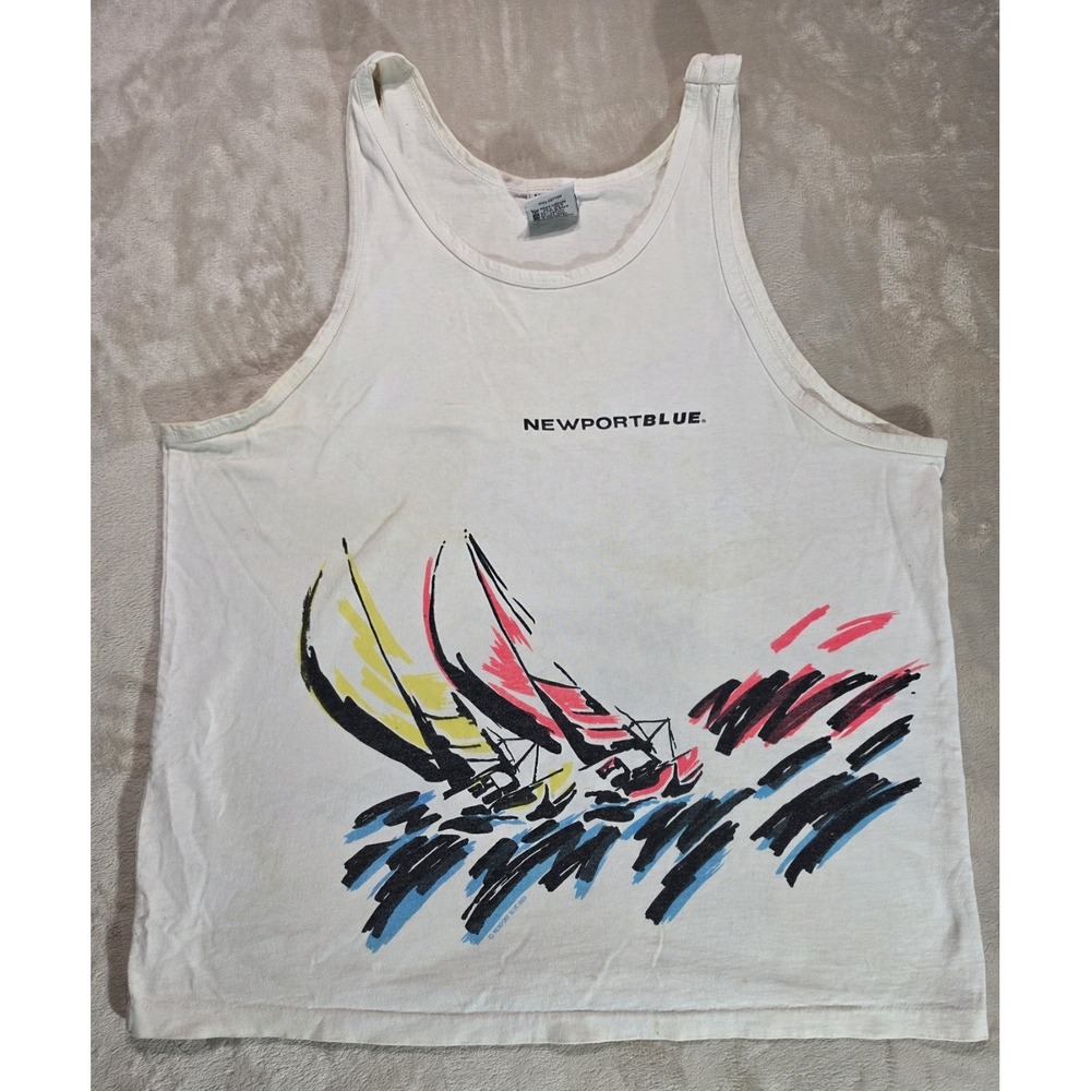 Vintage Newport Blue Tank Top USA Sailboat Graphic‎ 90s Neon Surf Beach Mens L